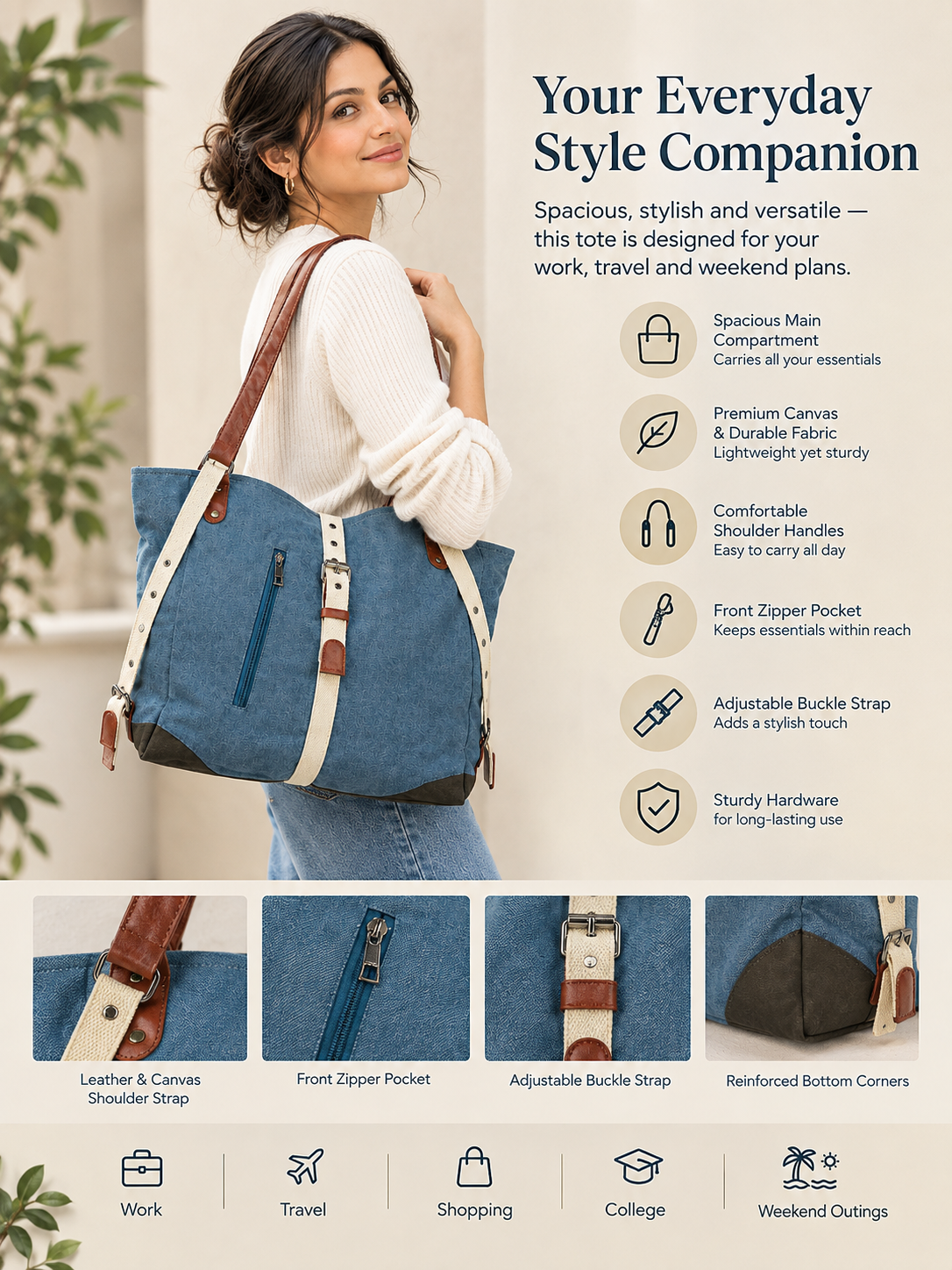 Canvas Sling Bag with Leather Handles for Women | Small Tote Bag | Shoulder Bag