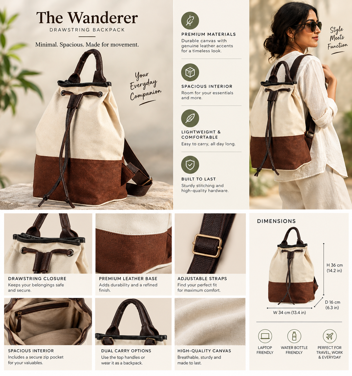 The Wanderer Drawstring Backpack for Men and Women | Canvas Leather Backpack
