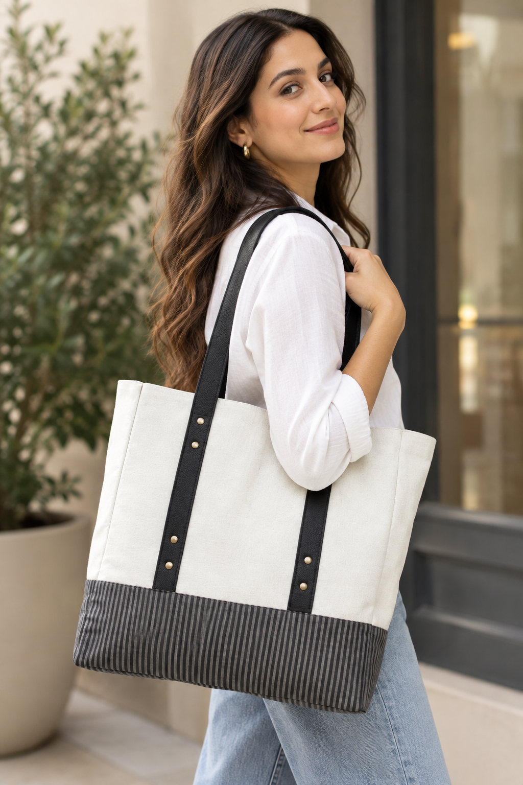 Canvas Tote Bag with Leather Handles for Women