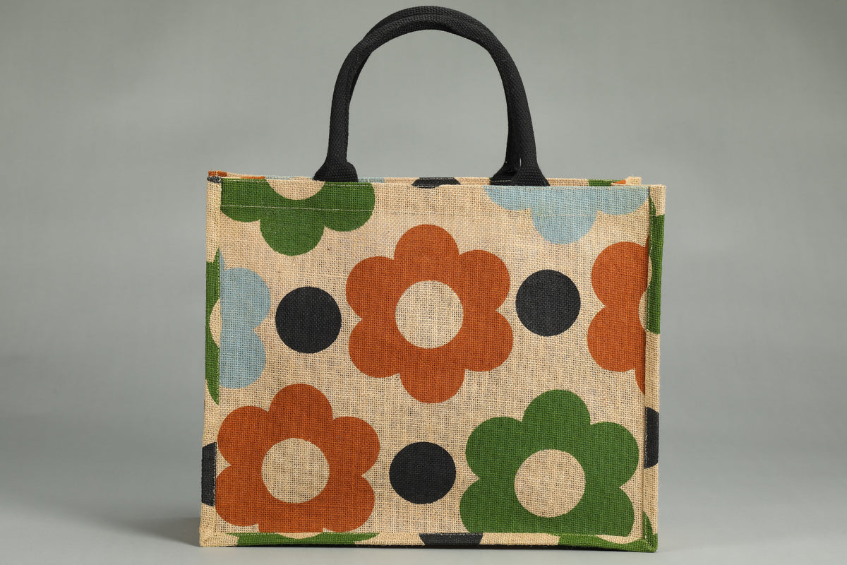 Jute Tote Bag | Shopping Bags | Floral Screen Printed Organic Jute Bag