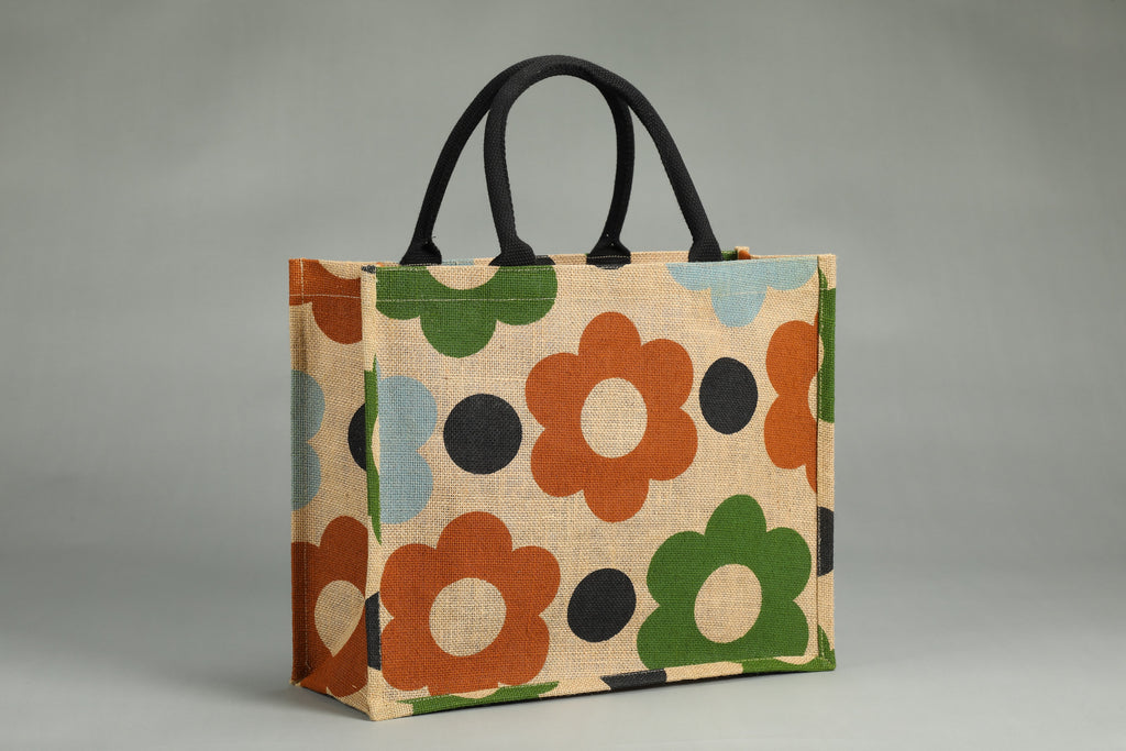 Jute Tote Bag | Shopping Bags | Floral Screen Printed Organic Jute Bag