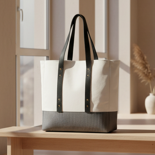 A tote bag with a white upper body, black shoulder straps, and a dark gray vertically striped bottom panel, photographed on a light gray studio background.