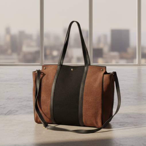 A brown and black leather tote bag stands on a polished concrete floor in front of a large window overlooking a blurred city skyline.