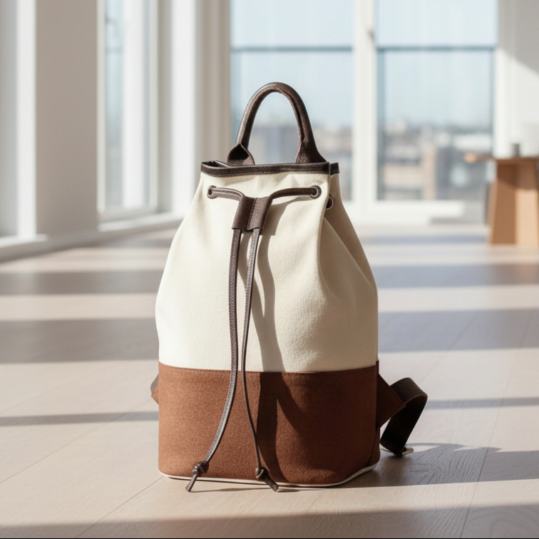 A two-tone canvas and leather backpack with brown leather trim and top handle, standing on a light wood floor in a bright, modern room with large windows and soft sunlight.
