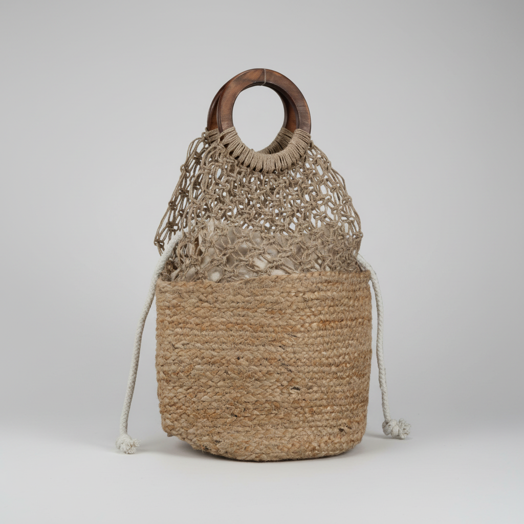 Natural Woven Jute Handbag with Crochet | Round Handles