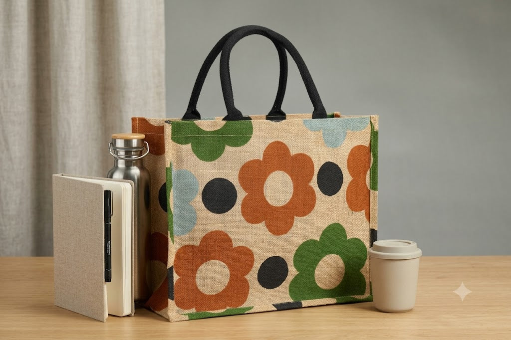 Jute Tote Bag | Shopping Bags | Floral Screen Printed Organic Jute Bag