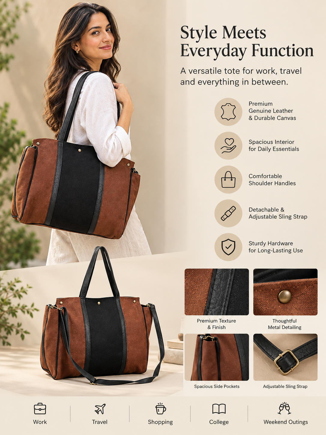 Suede Leather Weekender Bag for Women - with Detachable Sling | Brown & Black