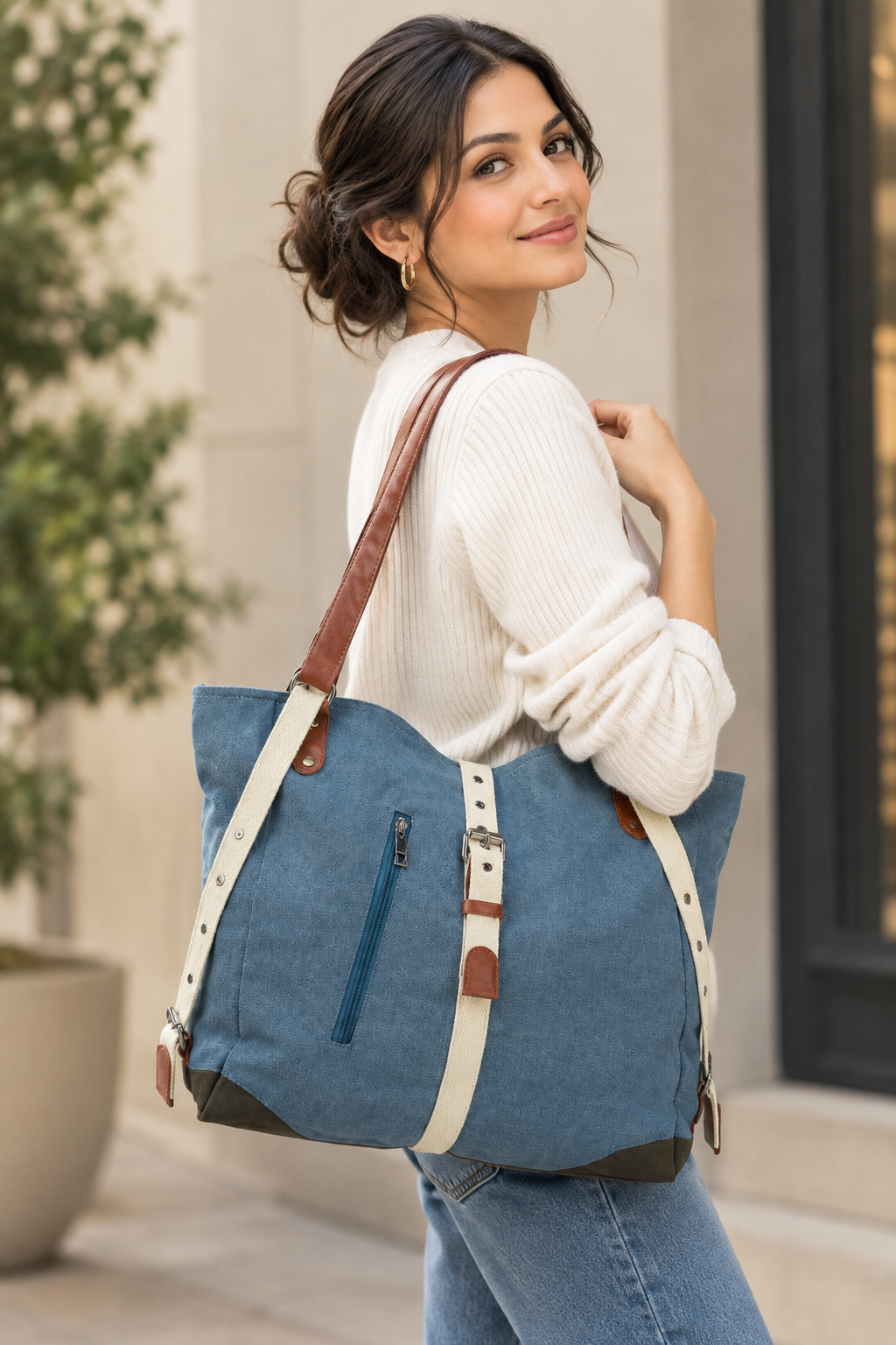 Canvas Sling Bag with Leather Handles for Women | Small Tote Bag | Shoulder Bag