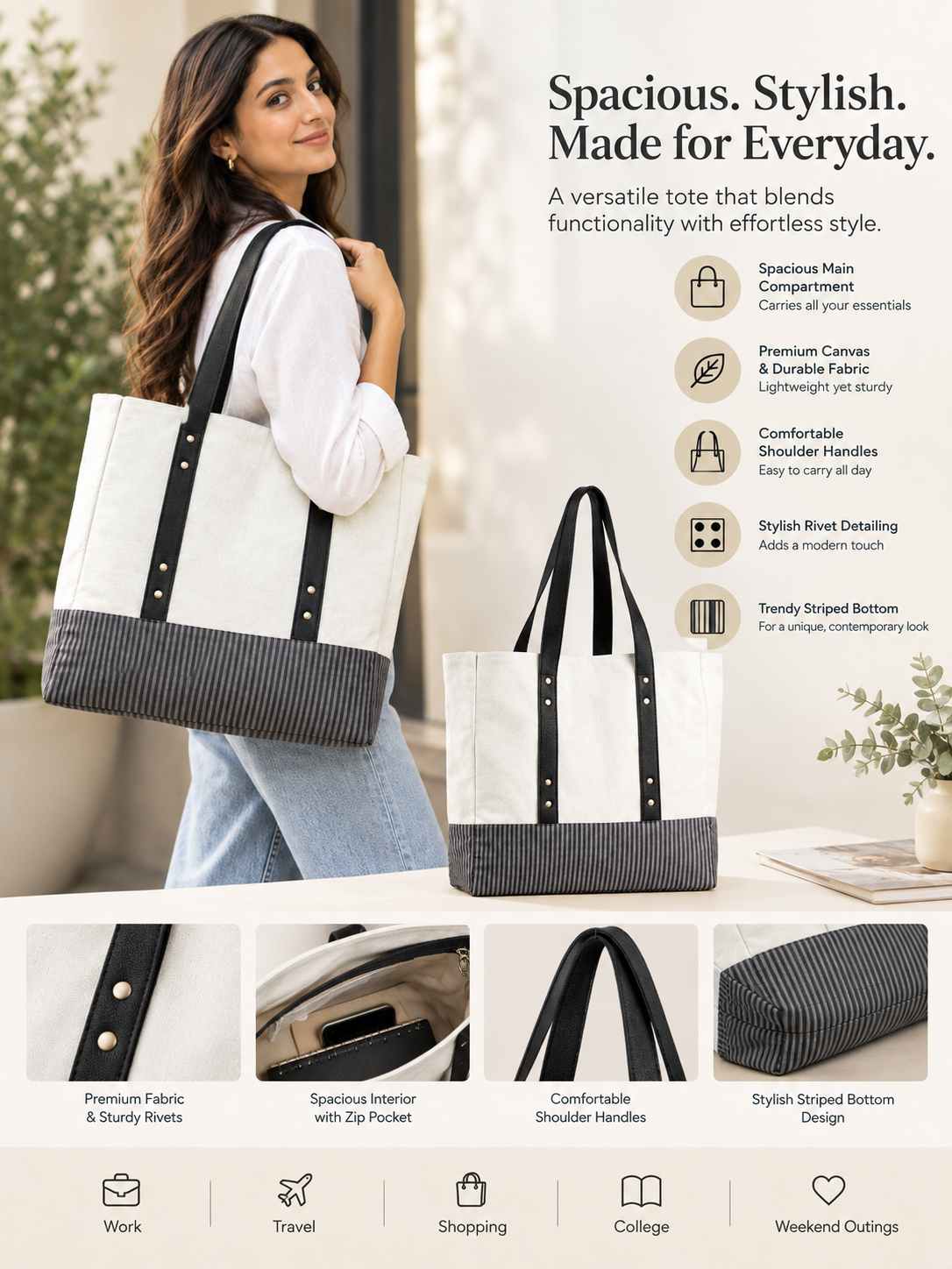 Canvas Tote Bag with Leather Handles for Women